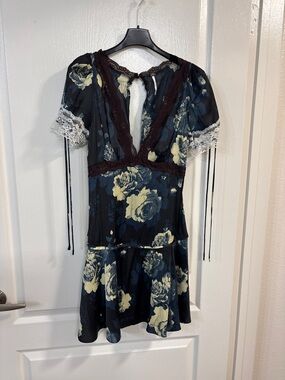 Free People Black Floral Lace-Trim Mini Dress with Cream Roses